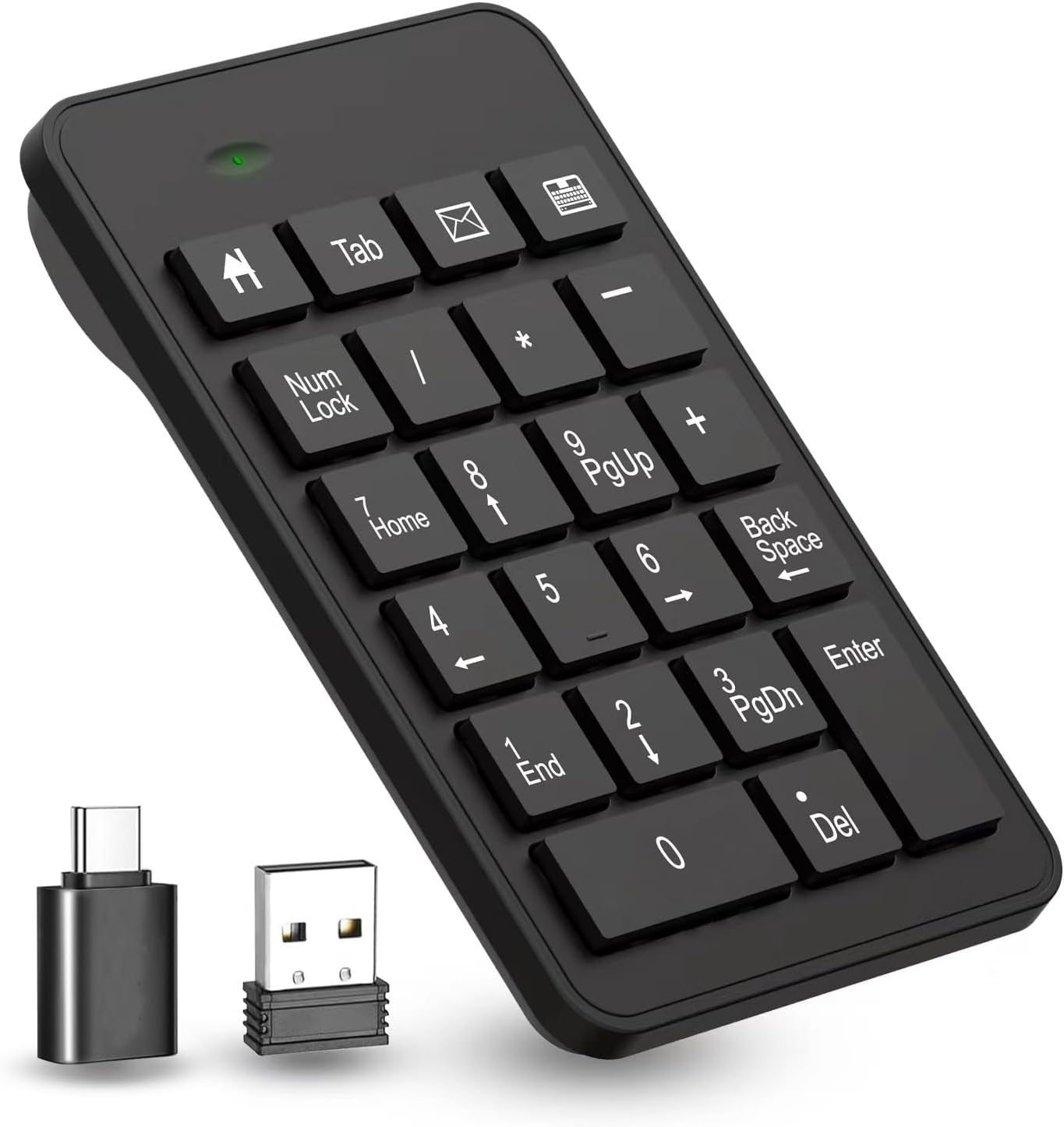 Wireless 23-Key Numeric Keypad with USB & Type-C Adapter – Portable Number Pad for Laptop, PC, Notebook & Surface Pro — front view