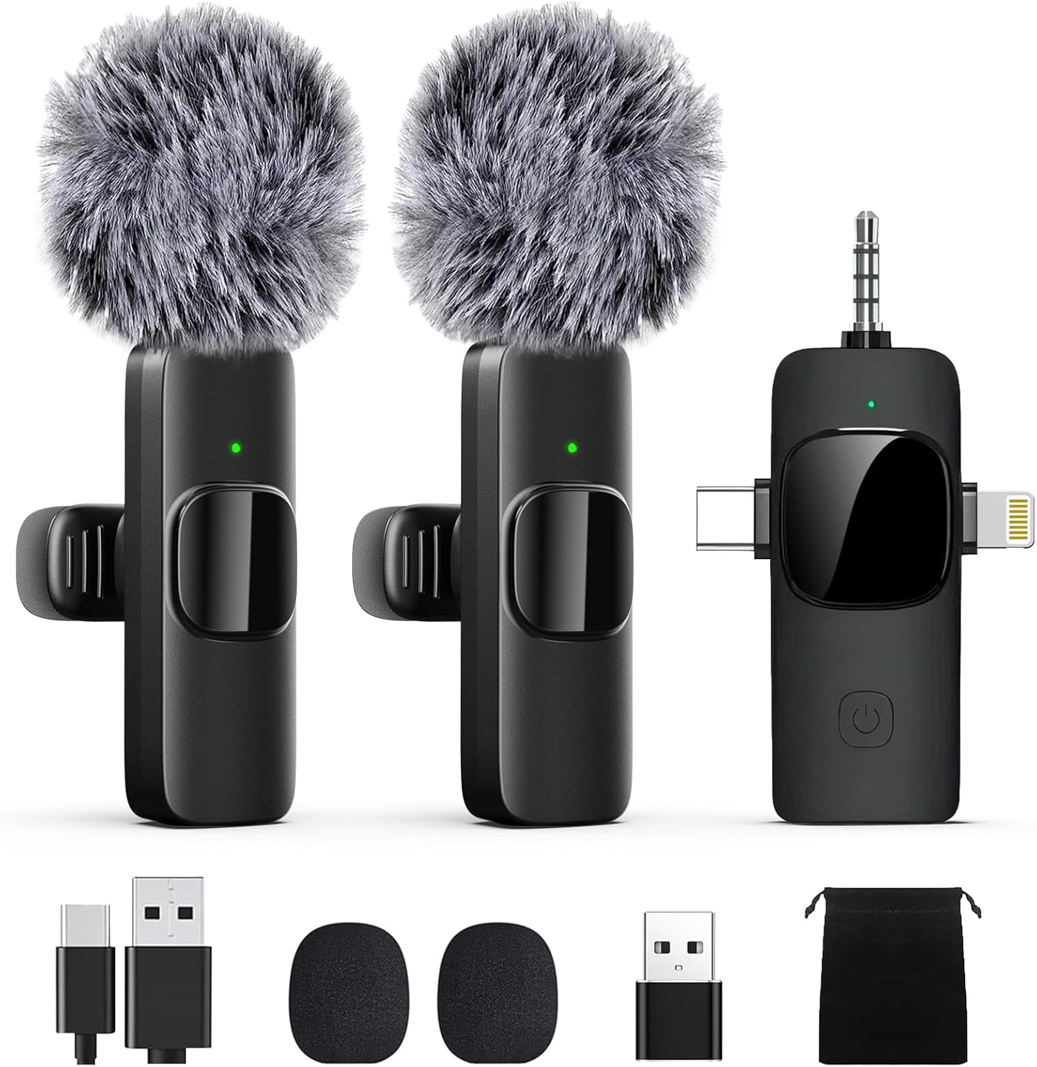 Wireless Lavalier Microphone for iPhone, iPad & USB-C Devices – 3-in-1 Receiver, Clip-On Mic with Noise Reduction, Plug — front view