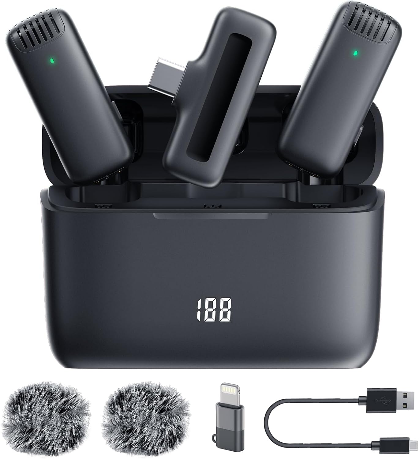 Wireless Lavalier Microphone System – Dual Clip-On Mics with Charging Case, Noise Reduction, Plug & Play (J13 Pro) — front view
