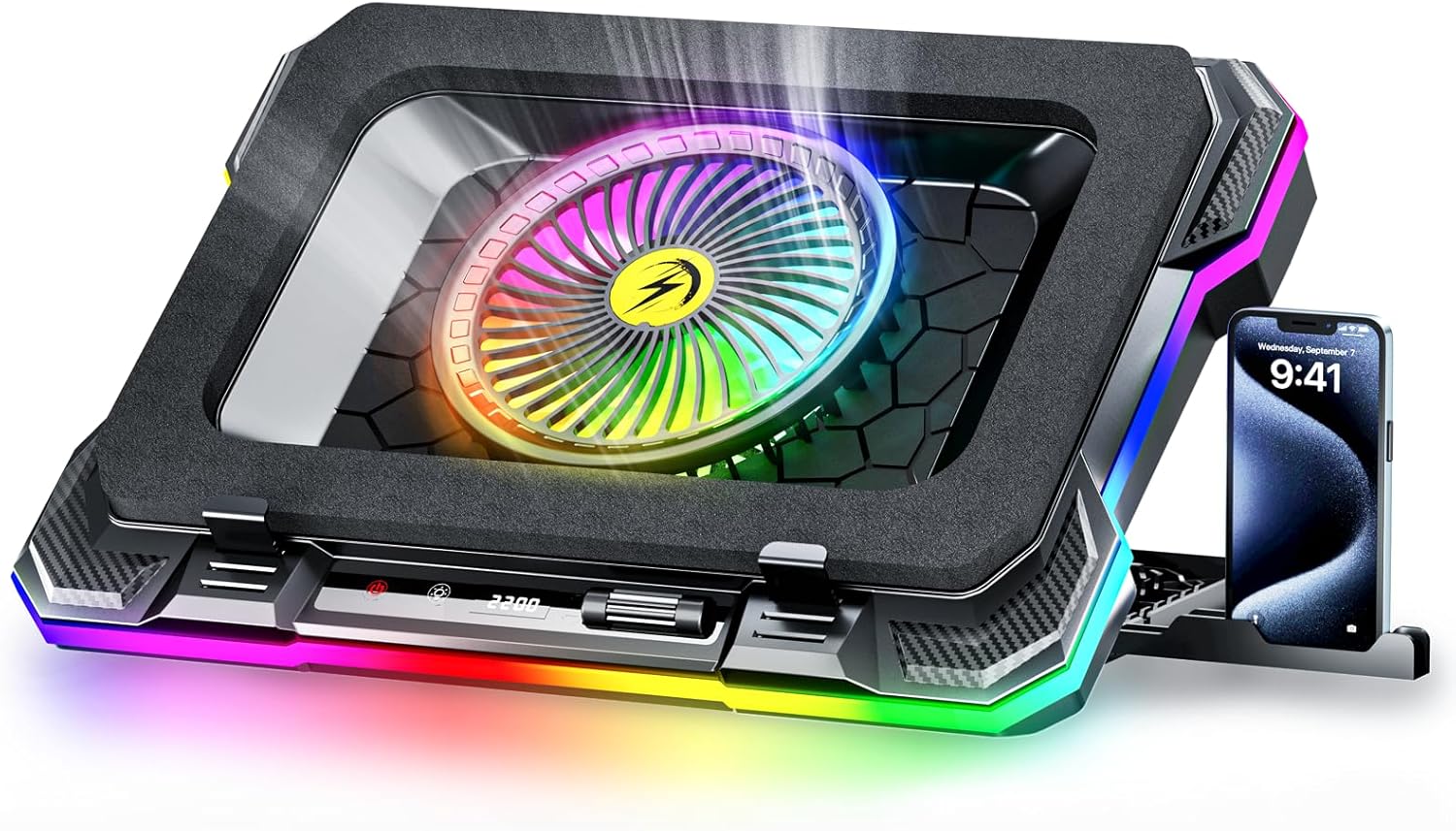 RGB Gaming Laptop Cooling Pad K1 5V with 5.5" Turbo Fan for 15.6"-19.3" Laptops, 10 RGB Modes, Adjustable Stand — front view