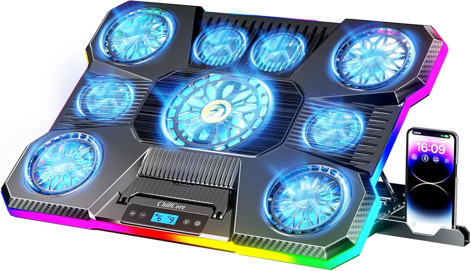A21 Blue RGB Gaming Laptop Cooling Pad with 9 Fans for 15.6"-19.3" Laptops, Adjustable 8 Height Levels, Dual USB Ports — front view