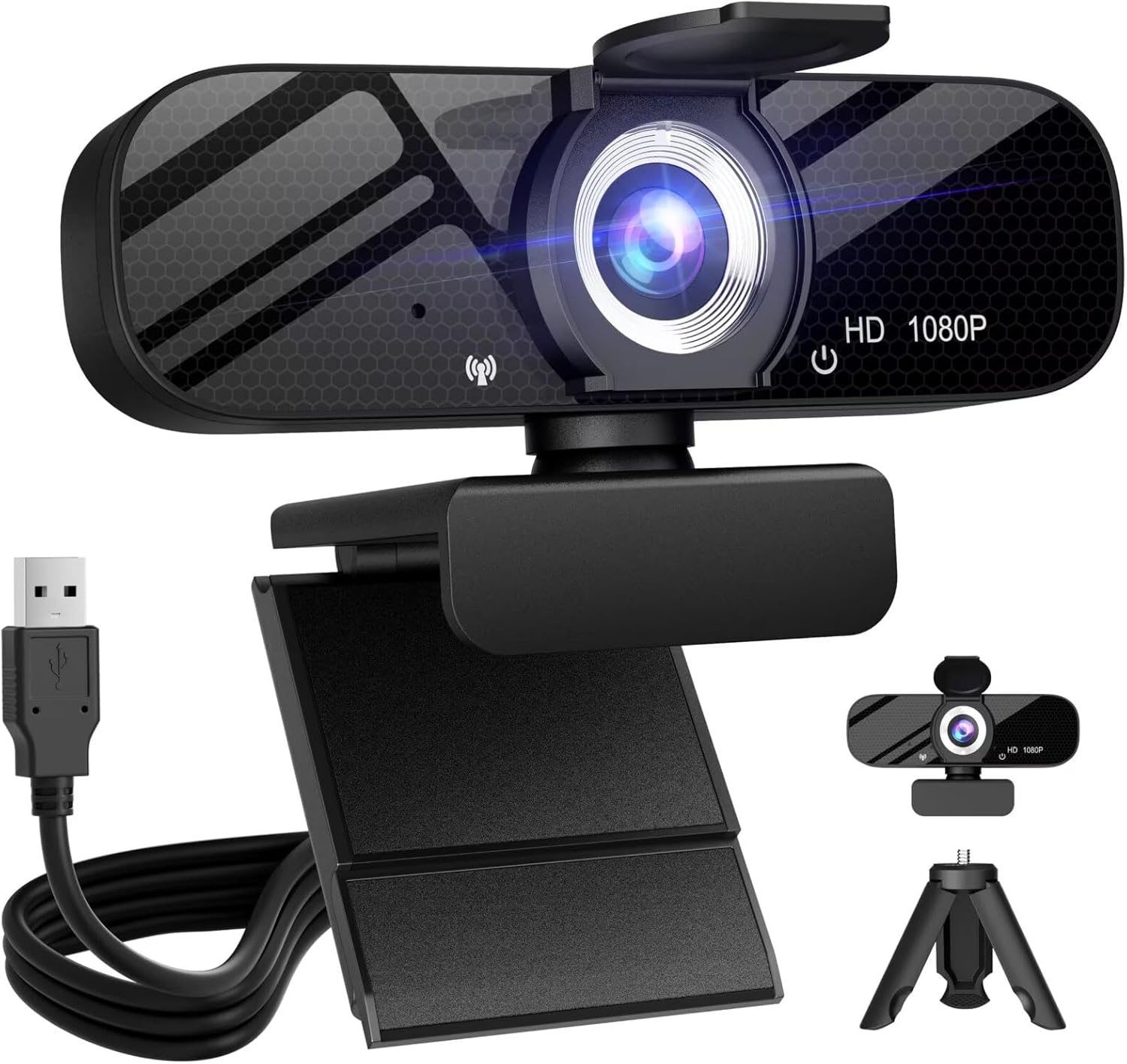 Full HD 1080P Webcam with Built-In Microphone, Rotatable Tripod & Privacy Cover for PC and Laptop, Wide-Angle USB Camera — front view