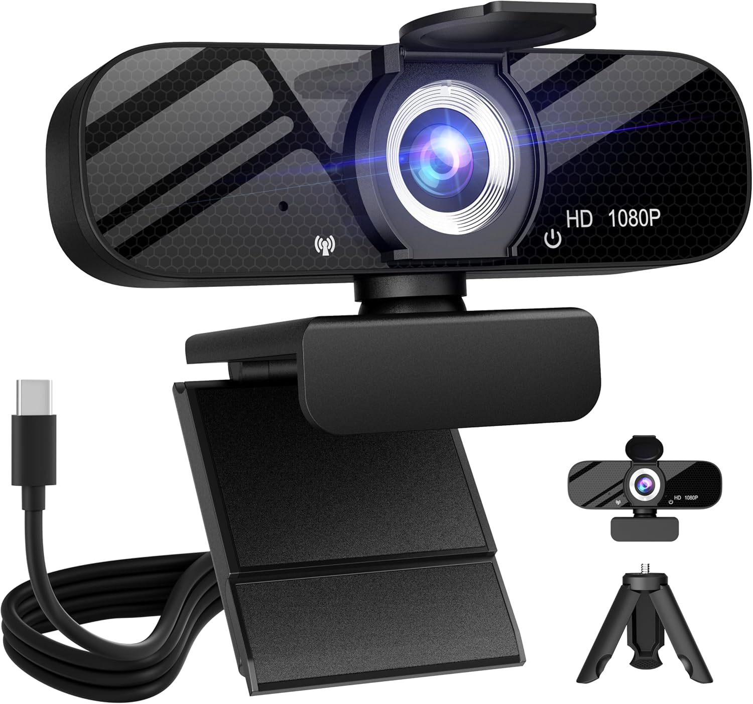 Full HD 1080P USB-C Webcam with Built-In Microphone, Rotatable Tripod & Privacy Cover for PC and Laptop, Wide-Angle — front view