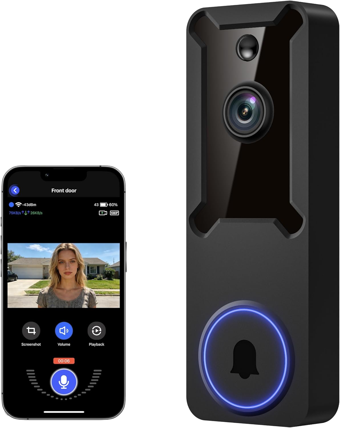 1080p Smart Wi-Fi Video Doorbell with AI Human Detection, Two-Way Audio, Night Vision & Mobile Alerts — front view