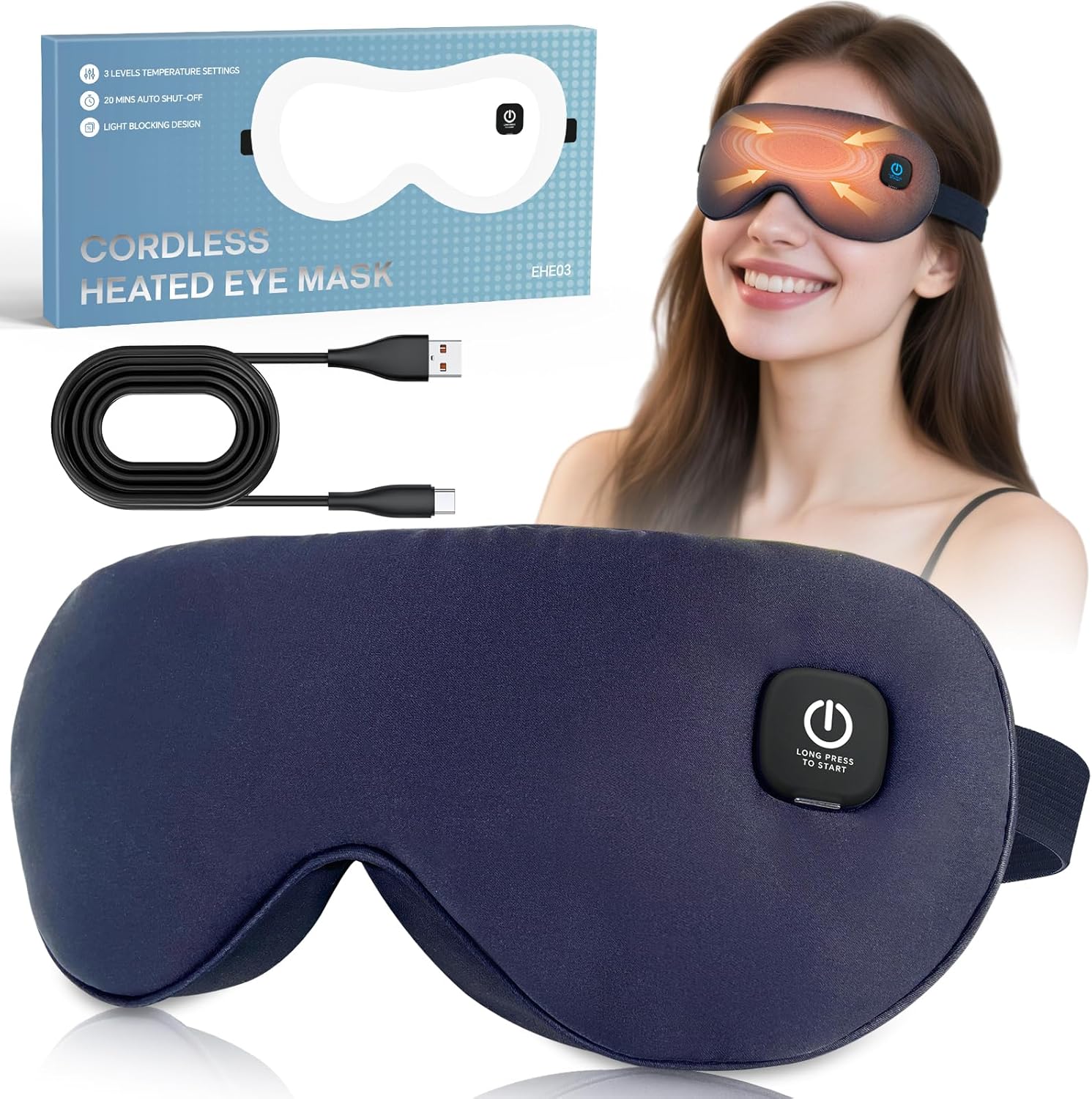 Cordless Heated Eye Mask for Dry Eyes Relief with 3 Heat Settings, Washable Cover & Auto Shut-Off — front view