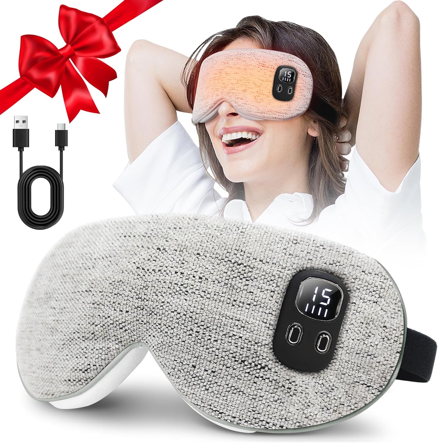 Cordless Rechargeable Heated Eye Mask with 4 Heat Levels, Adjustable Timer, Washable Cover for Dry Eyes & Sleep Relief — front view