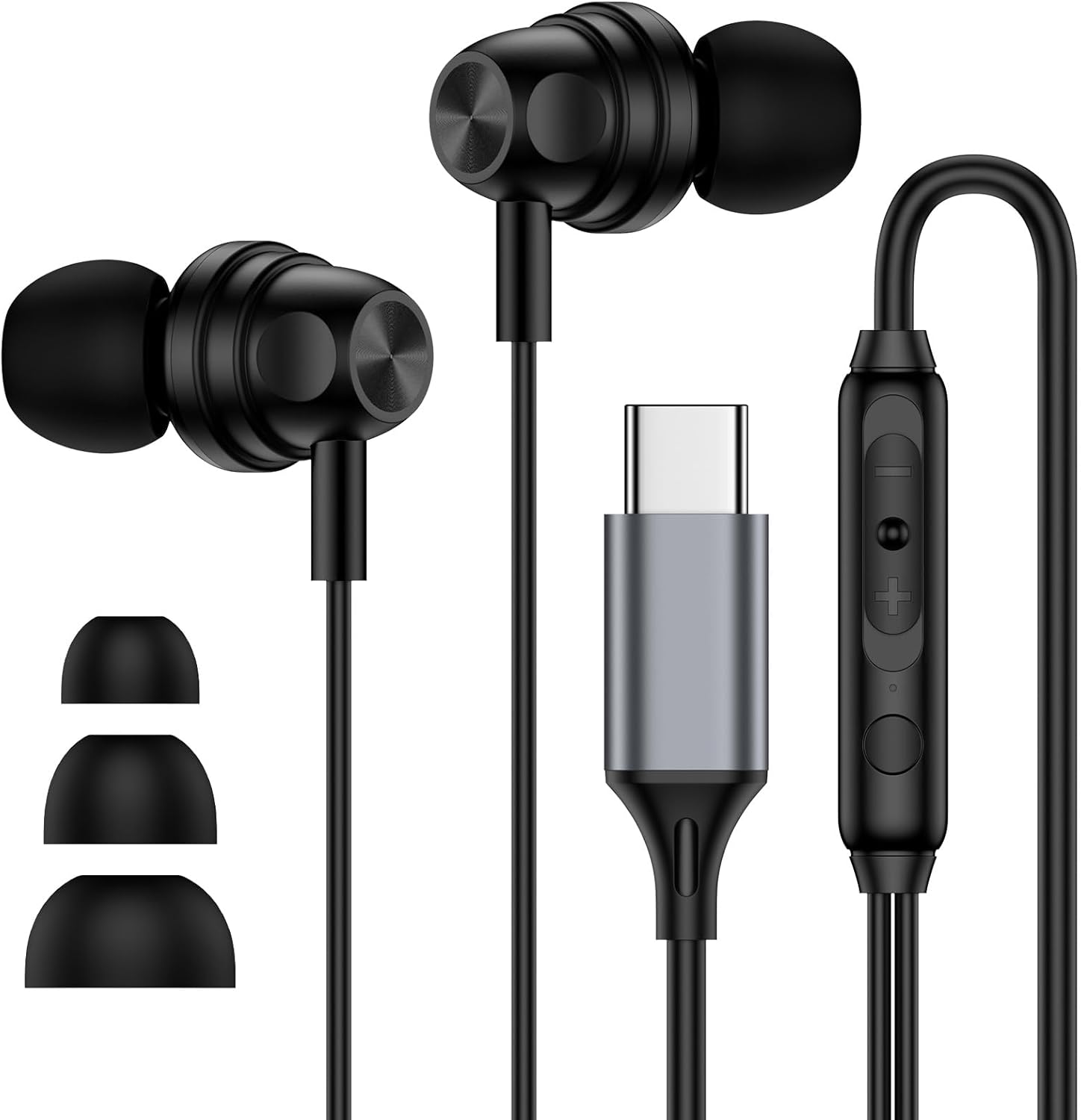 USB-C Wired Earbuds with Microphone and Volume Control — front view