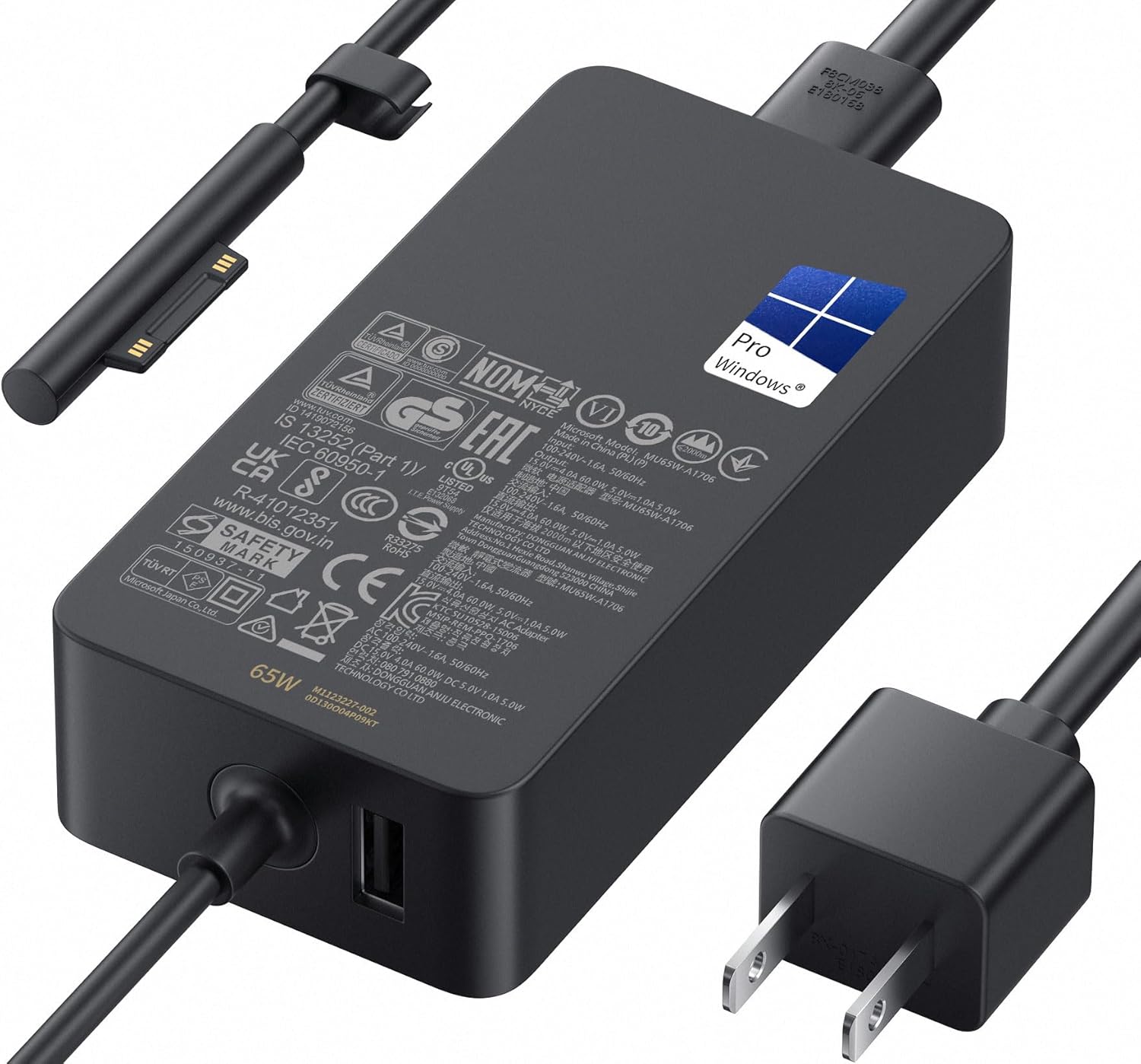 65W Laptop Charger for Select Surface Pro, Laptop, Book and Go Models with 10ft Cord — front view