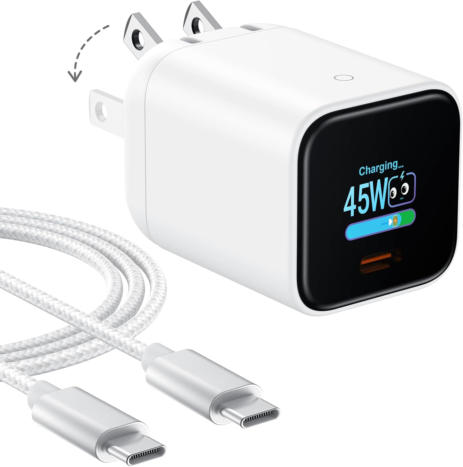 45W GaN USB-C Wall Charger with Smart Power Display and 6.6ft Braided Cable — front view