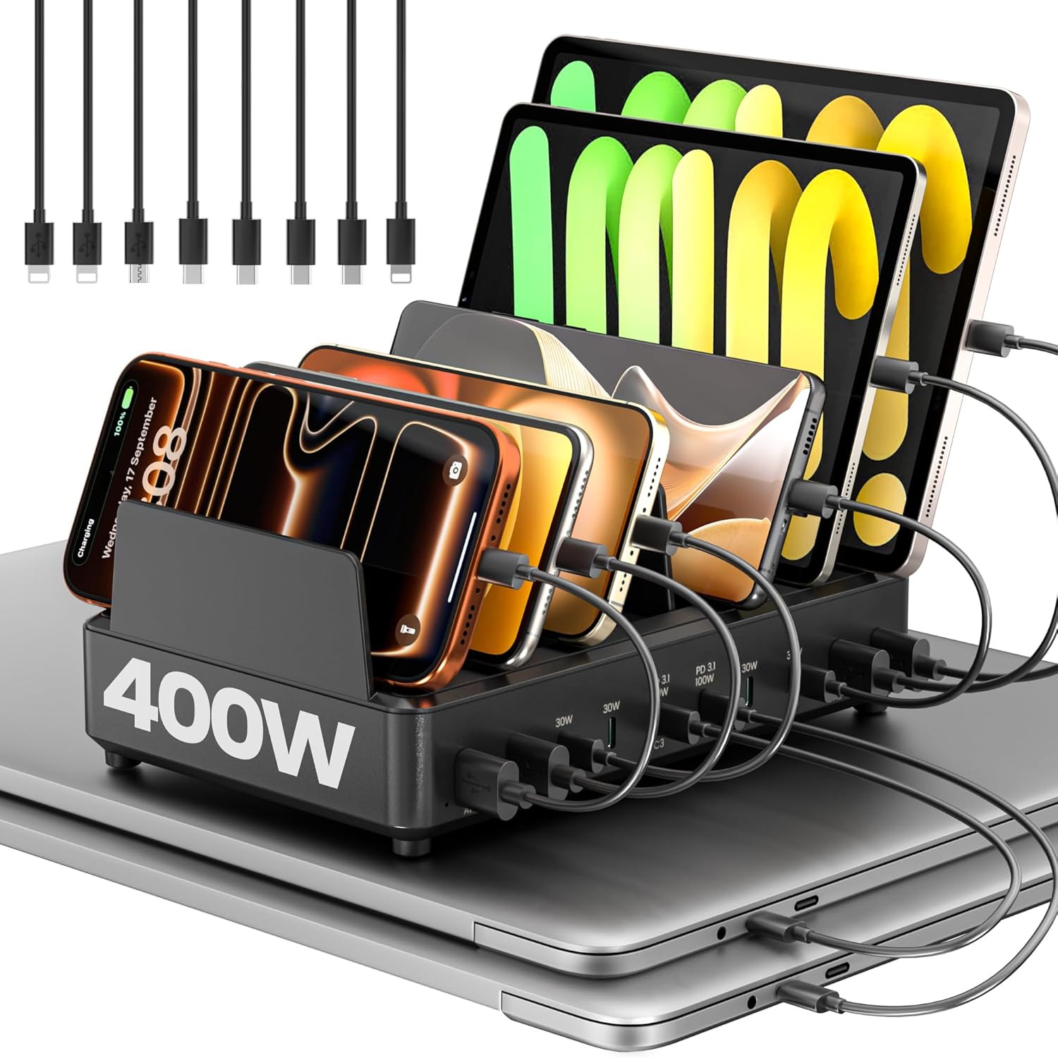 400W 10-Port Charging Station for Multiple Devices with 8 Cables — front view
