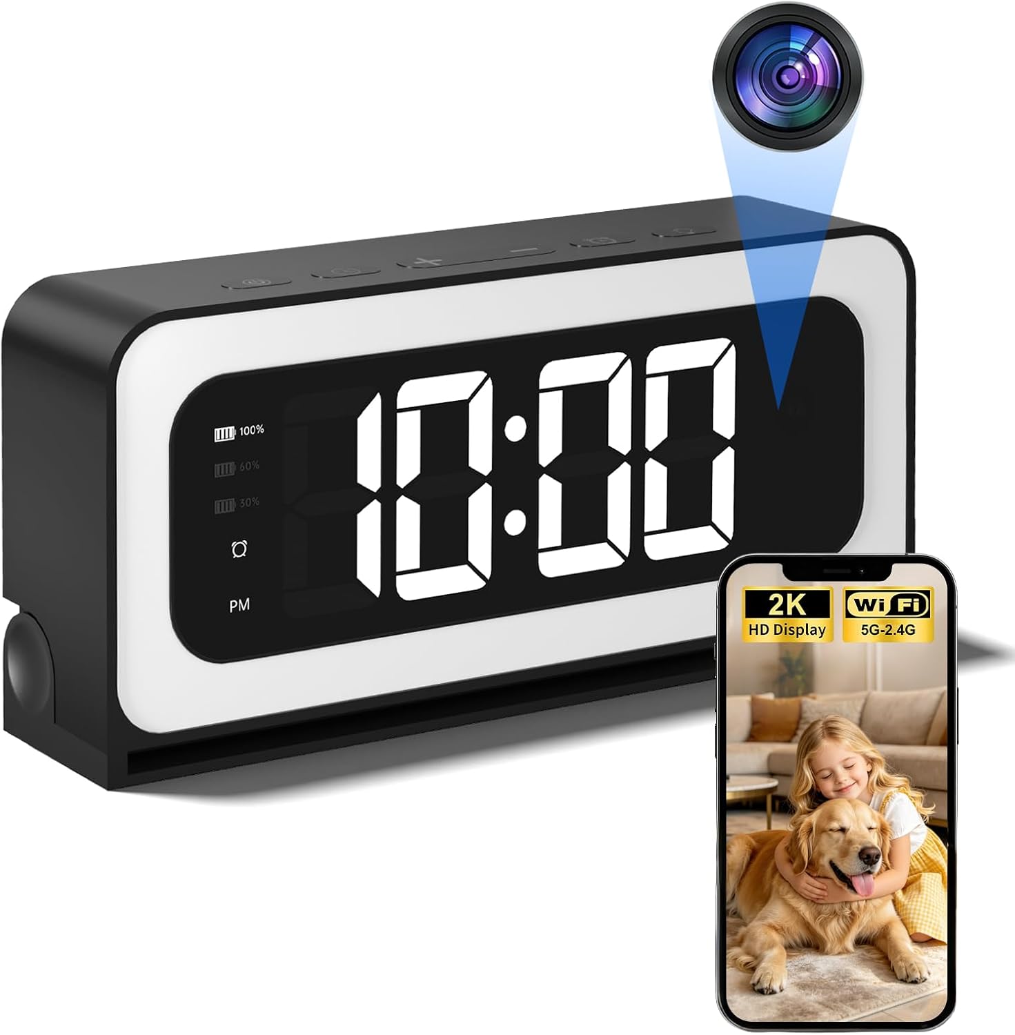 2K Dual-Band Wi-Fi Alarm Clock Indoor Security Monitor with Full-Color Night Vision and Motion Alerts — front view