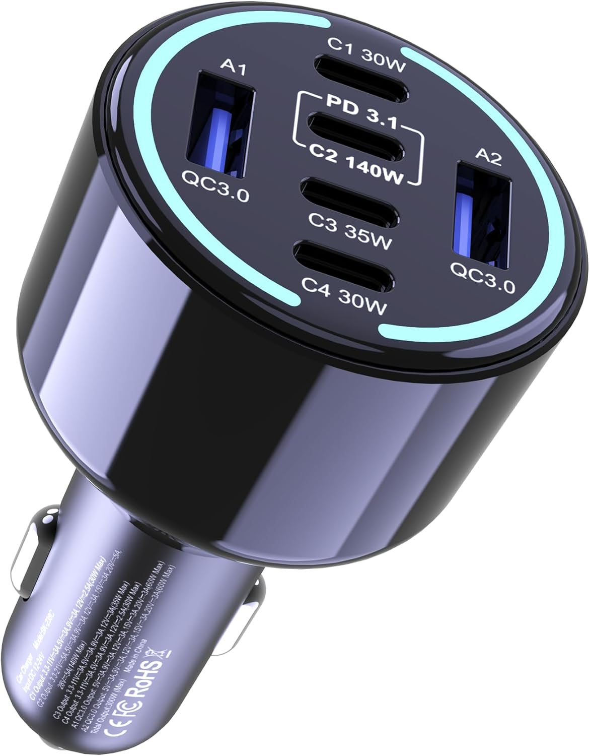 300W 6-Port USB-C and USB-A Fast-Charging Car Adapter with 140W PD 3.1 and LED Light — front view