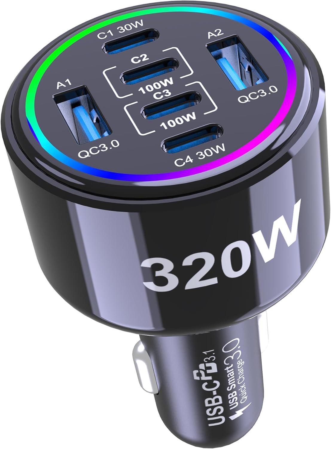 320W 6-Port USB-C and USB-A Fast-Charging Car Adapter with Dual 100W PD Ports — front view