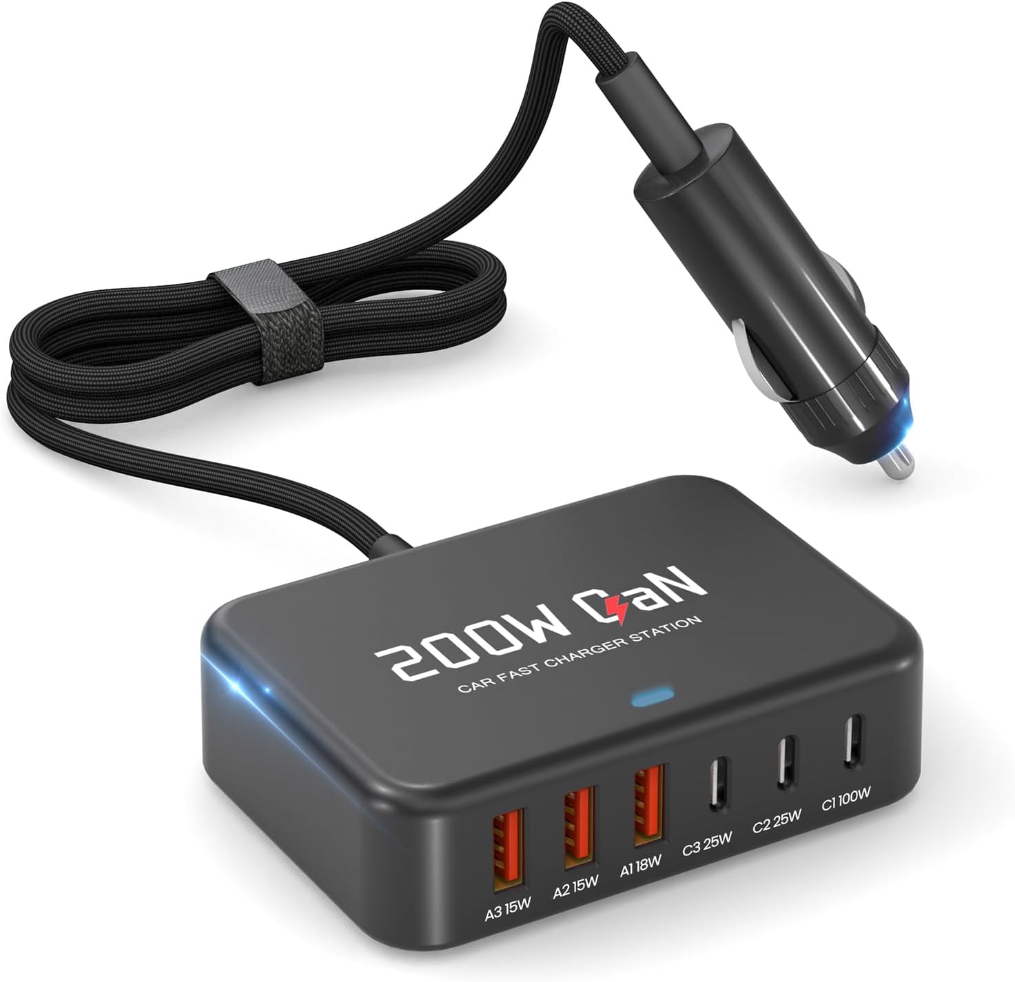 200W 6-Port USB-C and USB-A Car Charging Station with 100W Power Delivery — front view