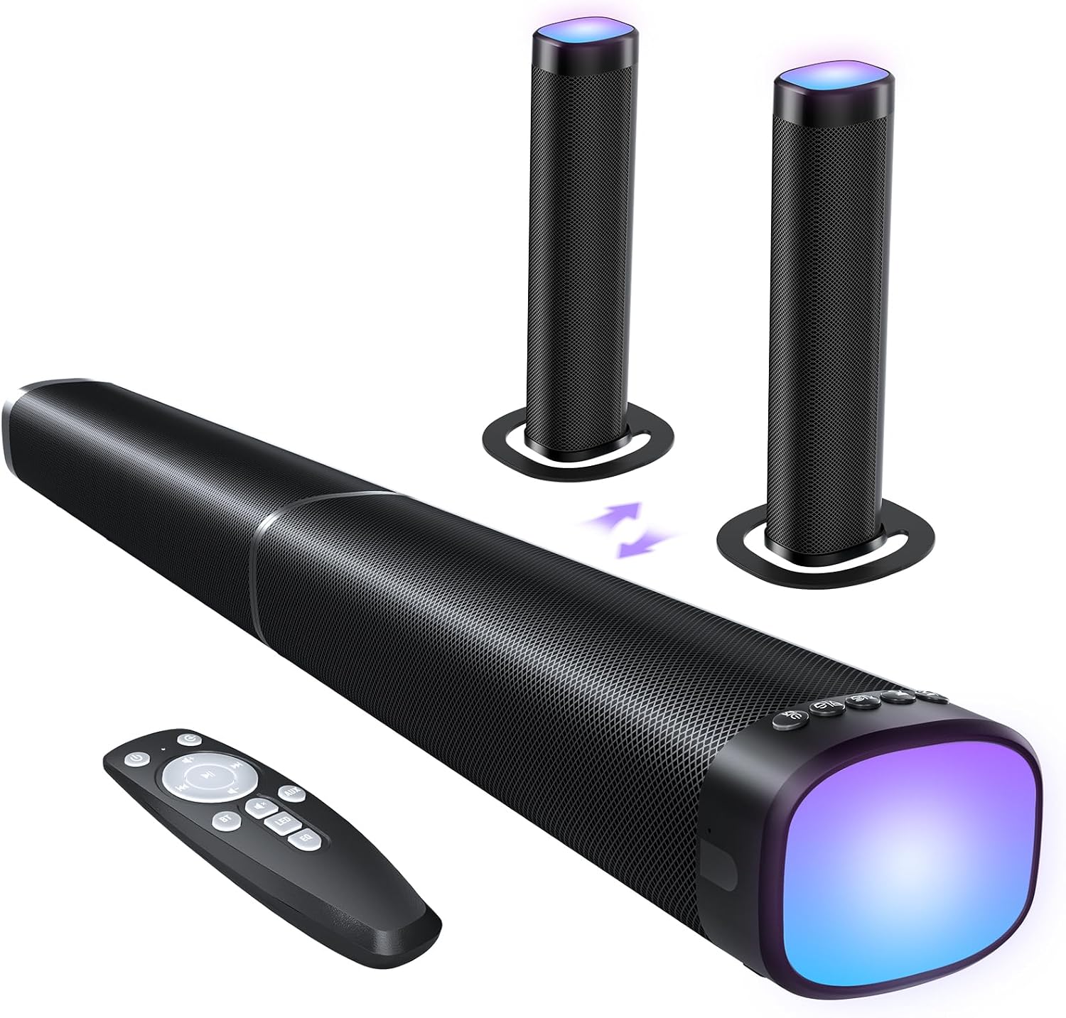 100W 2-in-1 Detachable Soundbar with Dynamic RGB Lighting, Bluetooth 5.3, HDMI ARC, Optical and AUX — front view